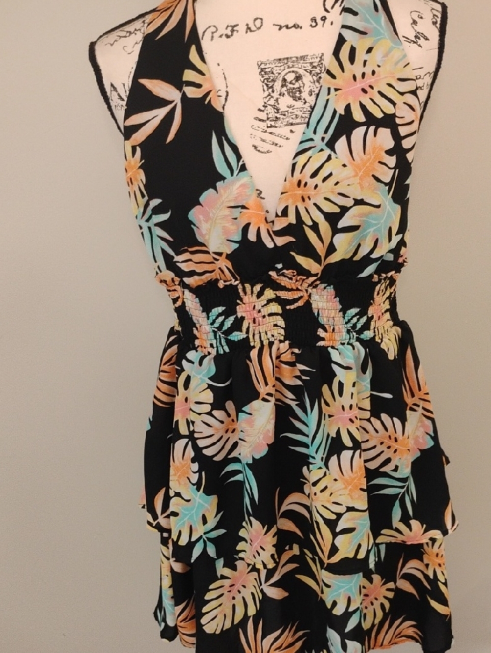 Black Tropical Print Halter Dress - Brand Unspecified